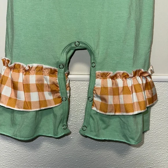 Baby Girl Green Orange Plaid Pumpkin Ruffle Bodysuit 6-9 M Fall Autumn Romper - Picture 9 of 11